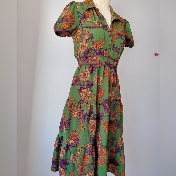Monteau autumn  green flowered dress size xs - Picture 3 of 11